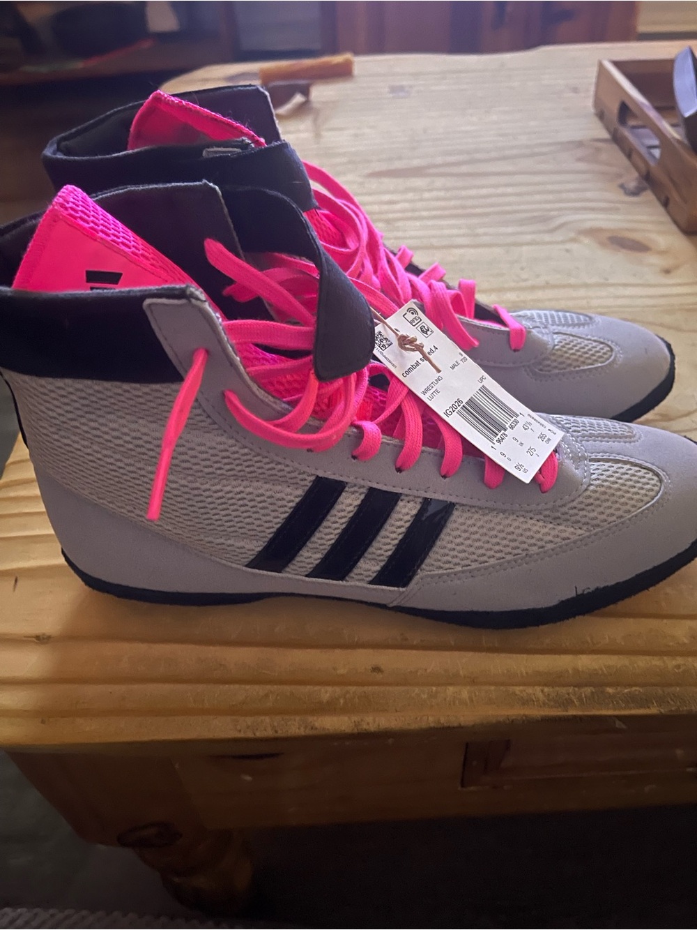 adidas Gray High-Top Sneakers with Pink Laces